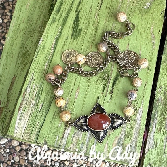 Vintage picture jasper multiple charm rustic adjustable bracelet/maximalist fall - Picture 1 of 7